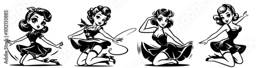 vintage style cartoon girls with classic hairstyles and dresses black vector