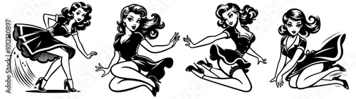 playful pin-up style women with vintage fashion elements black vector
