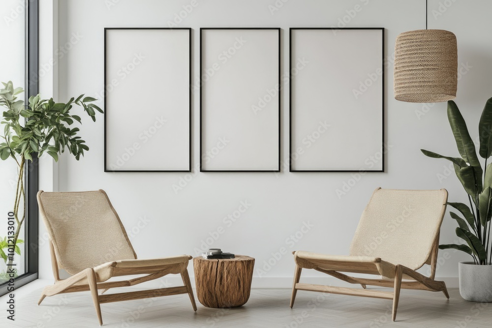 Modern Living Room Interior Design with Vertical Poster Frames and Cosy Armchair Modern Living Room Interior Design with Vertical Poster Frames and Cosy Armchair