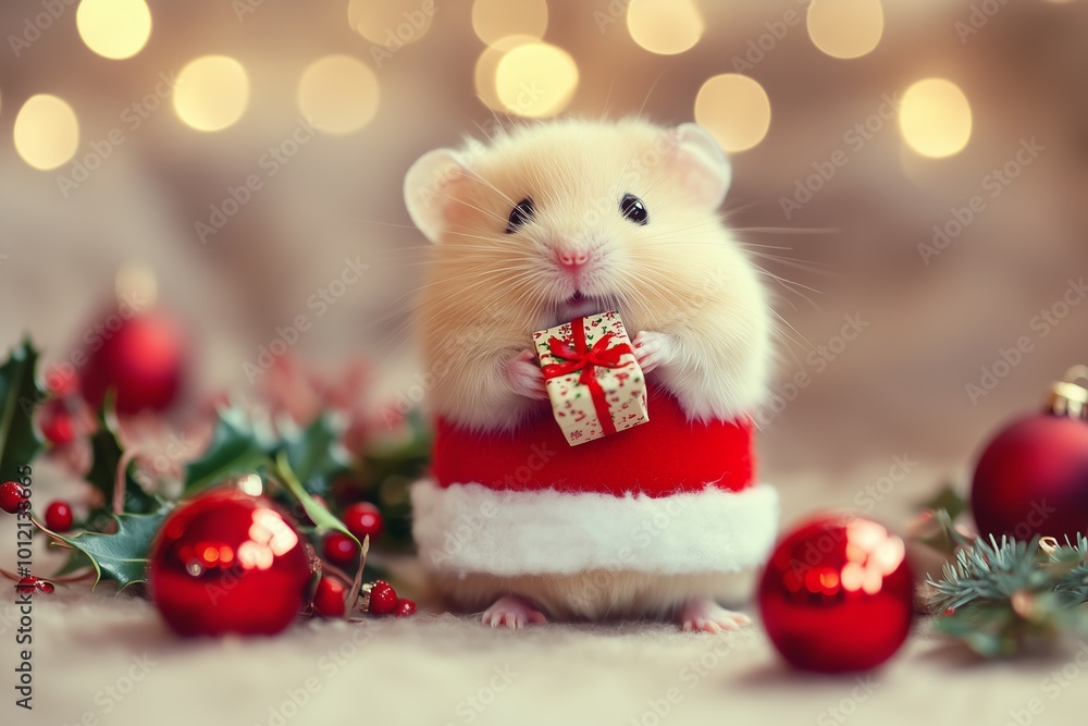 Adorable fluffy hamster wearing a festive Santa hat, holding a small golden gift wrapped with a red ribbon. Adorable fluffy hamster wearing a festive Santa hat, holding a small golden gift wrapped with a red ribbon.