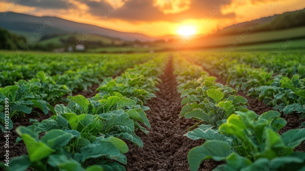 Rows of green crops growing in a field at sunset with a mountain range in the background. Rows of green crops growing in a field at sunset with a mountain range in the background.