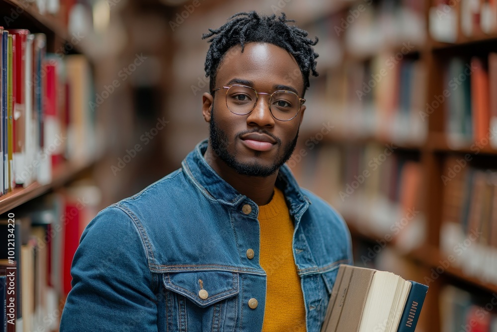 Vibrant waist up portrait of black young man holding books in college library and looking at camera, copy space, Generative AI Vibrant waist up portrait of black young man holding books in college library and looking at camera, copy space, Generative AI