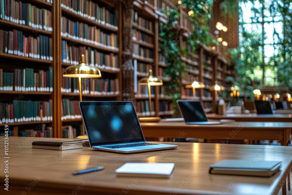 Side view background image of work table in college library with laptops and notes, copy space, Generative AI Side view background image of work table in college library with laptops and notes, copy space, Generative AI