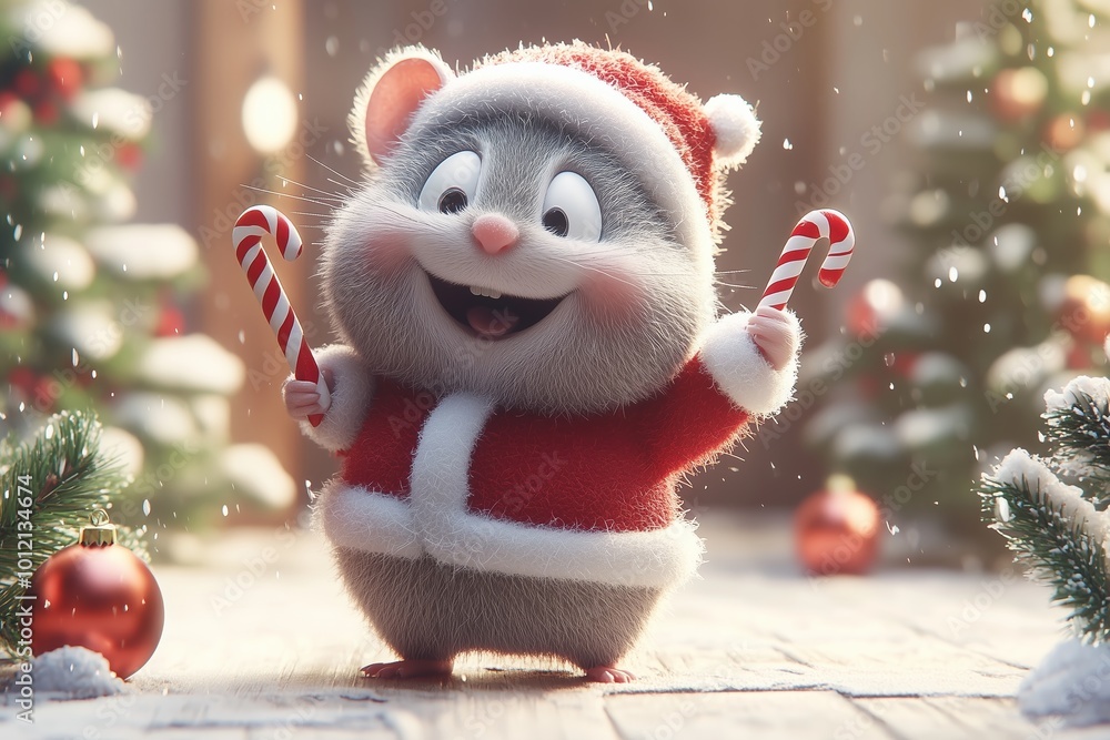 An adorable, festive scene featuring a cute hamster dressed in a Santa Claus outfit, joyfully holding a candy cane. An adorable, festive scene featuring a cute hamster dressed in a Santa Claus outfit, joyfully holding a candy cane.
