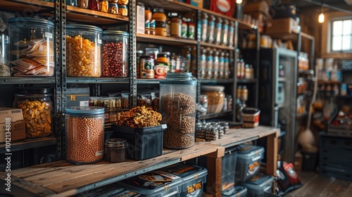 Organically stocked food shelves in a rustic pantry