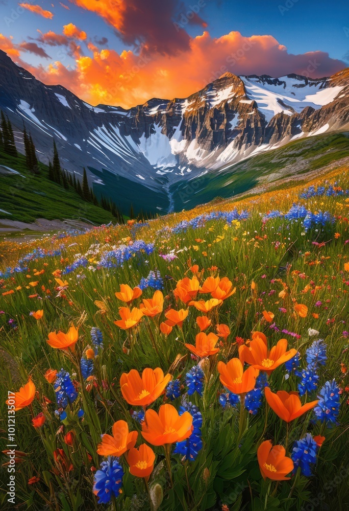 Fototapeta premium vibrant wildflowers blossoming majestic mountain peaks under clear blue sky, alpine, altitude, bank, blooming, botanical, bright, colorful, countryside