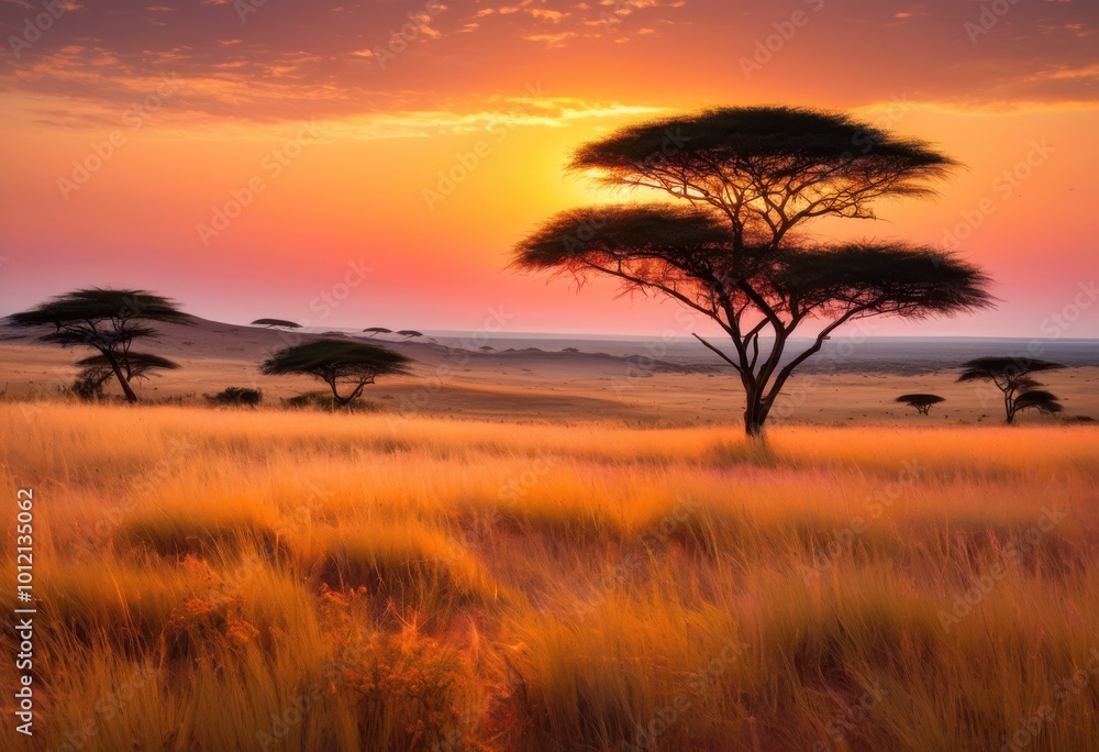 Obraz premium expansive view serene savanna plain golden clear skies vibrant horizon under soft natural light, animals, beauty, biodiversity, birds, buffalo, clouds