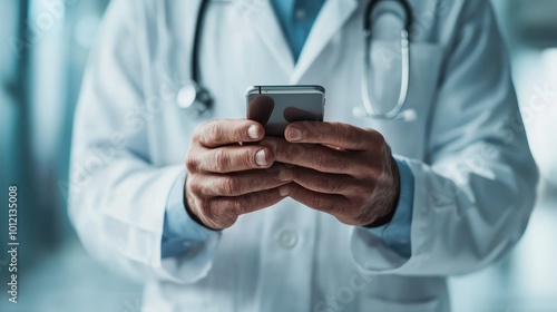 The image captures the professional and focused interaction of a doctor with a digital device, signifying seamless integration of technology in healthcare practices. photo