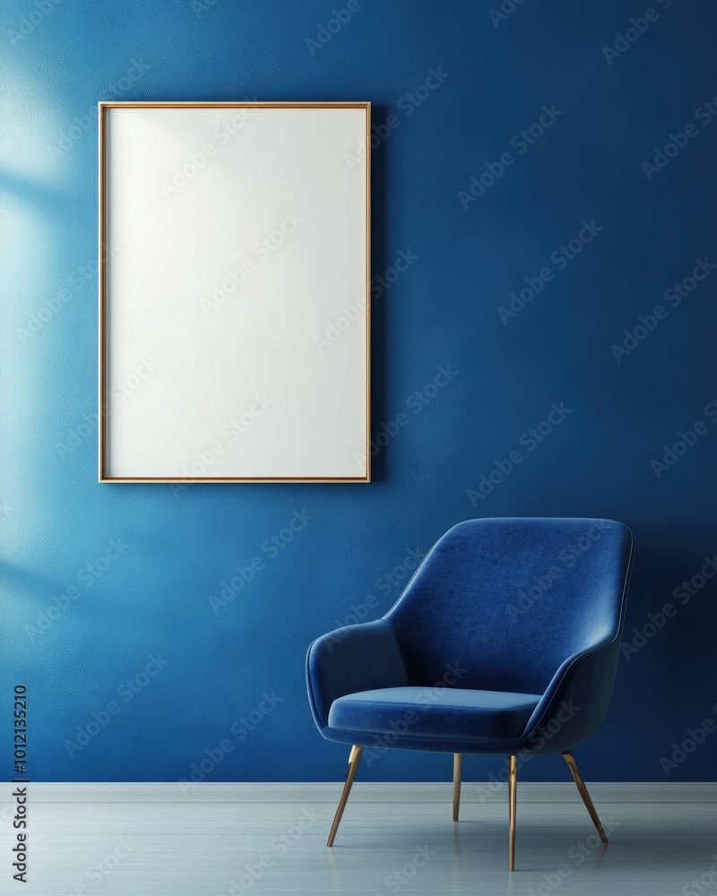 Modern Blue Interior Design with Poster Frame and Rattan Chair Modern Blue Interior Design with Poster Frame and Rattan Chair
