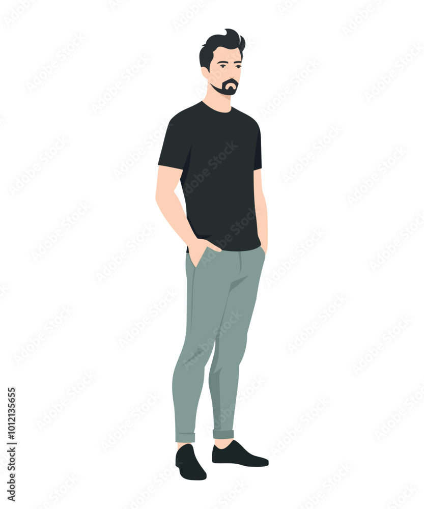 Vector illustration of a man. A simple casual look with a black t-shirt and light olive trousers for comfort. Vector illustration of a man. A simple casual look with a black t-shirt and light olive trousers for comfort.