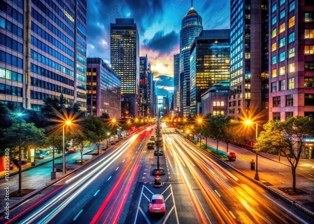 Dynamic Cityscape at Night with Blurred Motion of Cars Creating a Vibrant Urban Atmosphere Dynamic Cityscape at Night with Blurred Motion of Cars Creating a Vibrant Urban Atmosphere