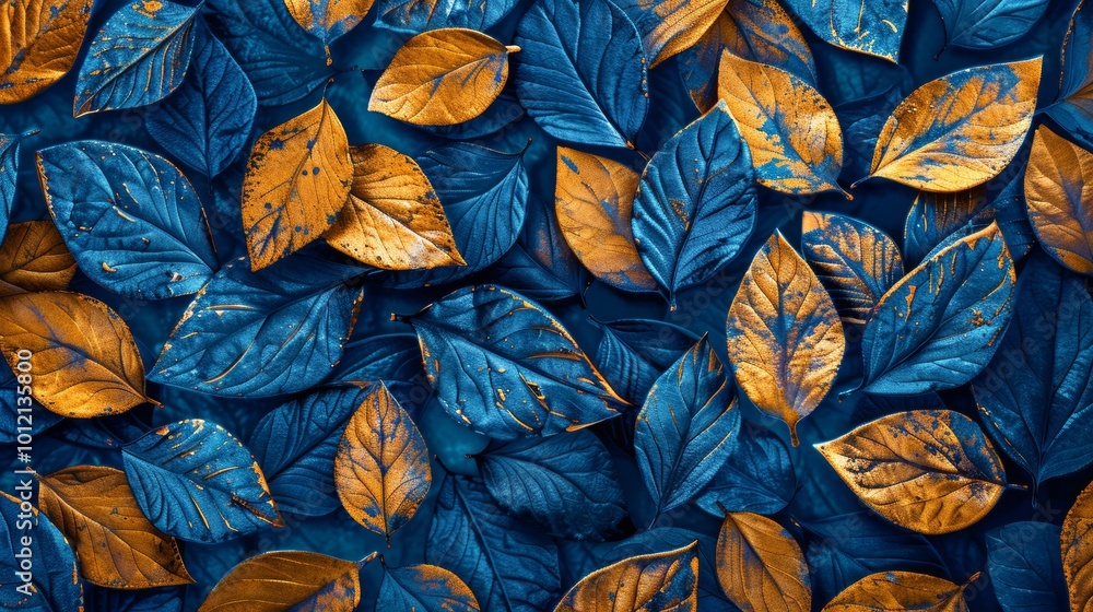 Gilded Botanical Elegance Topdown View of Lush Leaf Pattern in Vibrant Blue and Gold Tones Nature's Intricate Beauty Captured in Stunning Detail Gilded Botanical Elegance Topdown View of Lush Leaf Pattern in Vibrant Blue and Gold Tones Nature's Intricate Beauty Captured in Stunning Detail