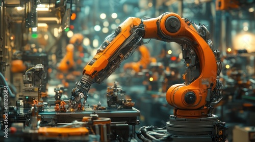 An orange robotic arm working on an assembly line in a factory setting.