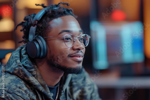 Young African American male interviewer in glasses and headphones asking unrecognizable guest questions while recording podcast in studio, Generative AI