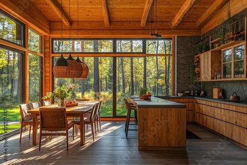 Wooden home kitchen interior with eating table, bar island, cabinet near window, Generative AI