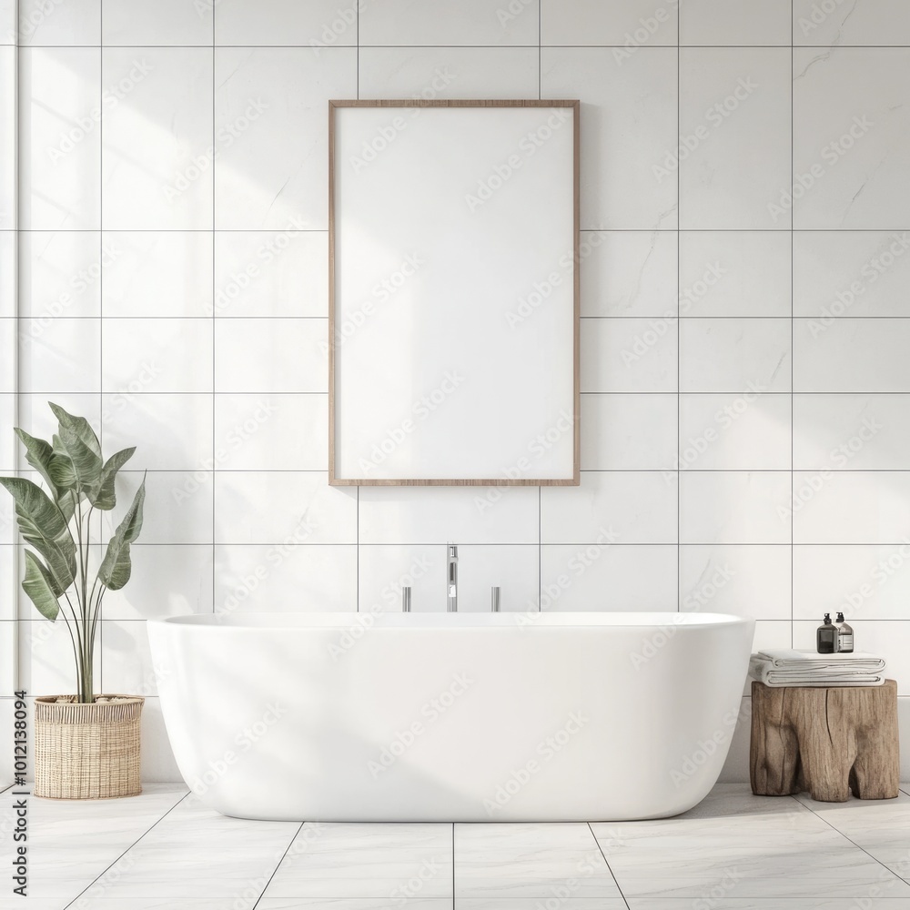 Fototapeta premium Minimalist Loft Bathroom Interior with Bright White Walls and Copy Space