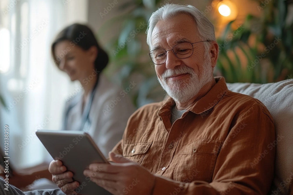 Obraz premium Portrait of white haired senior man in wheelchair smiling at camera indoors with young female nurse assisting, copy space, Generative AI