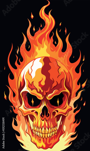 Flaming skull burning on black background illustration