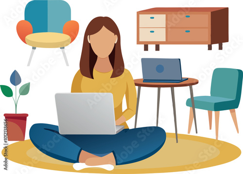 Young woman working from home using laptop computer sitting on floor in living room