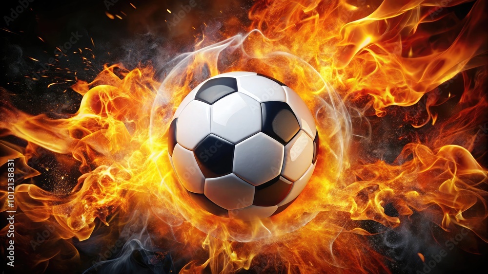 Naklejka premium Dynamic Soccer Ball Surrounded by Flames Representing Passion and Energy in Sports and Competition