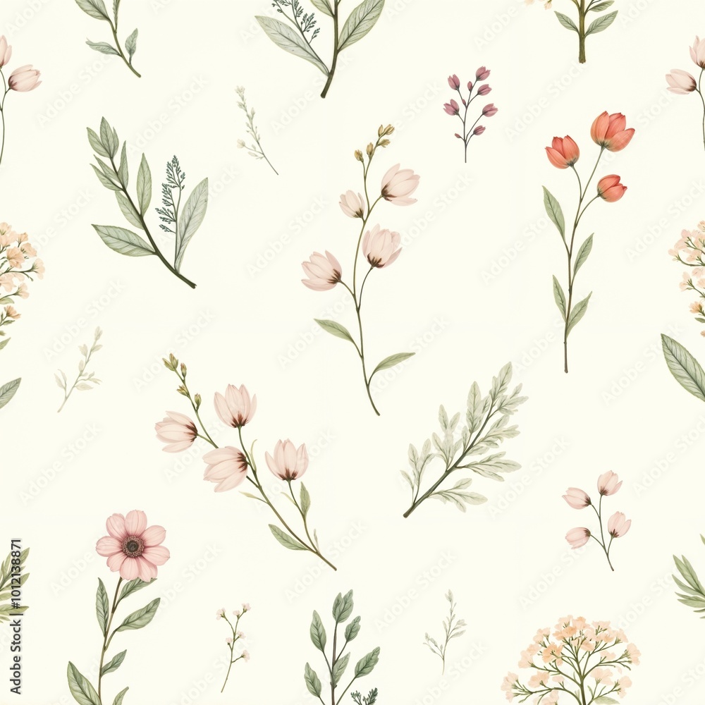 Soft floral pattern featuring various delicate flowers and leaves on a light cream background Soft floral pattern featuring various delicate flowers and leaves on a light cream background