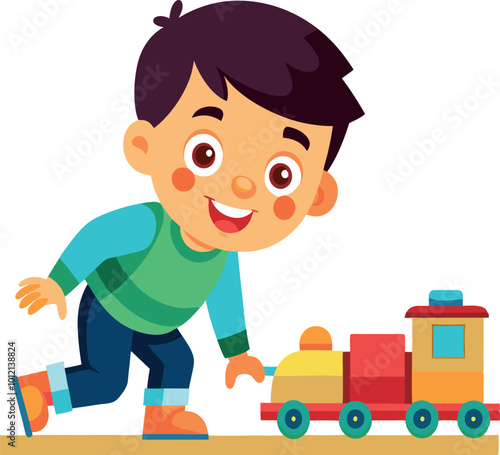 Happy boy playing with a toy train on the floor