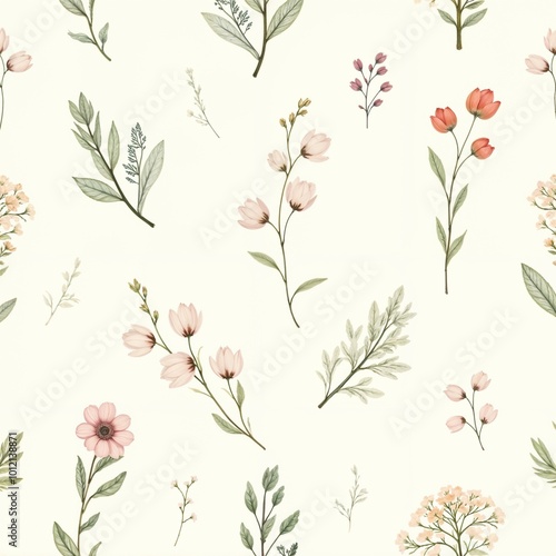 Wallpaper Mural Soft floral pattern featuring various delicate flowers and leaves on a light cream background Torontodigital.ca