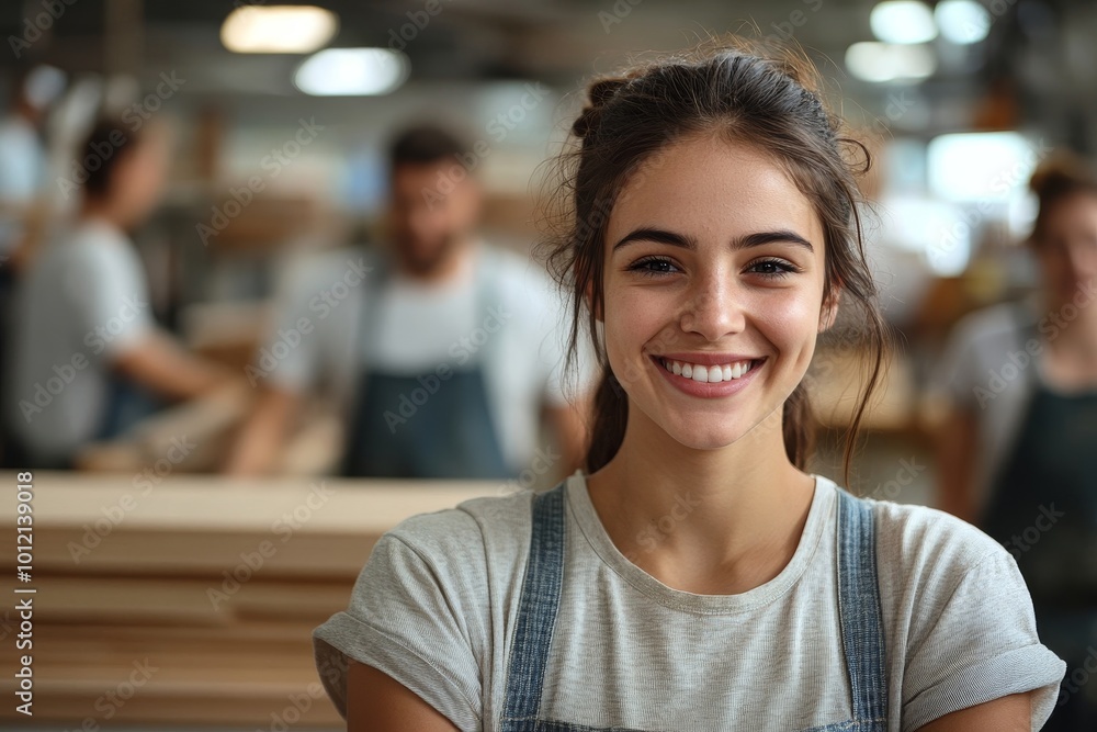Portrait of modern carpenters working at woodworking factory, focus on young woman smiling at camera in foreground, copy space, Generative AI