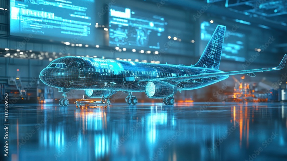 Fototapeta premium A digital representation of an aircraft in a high-tech environment.