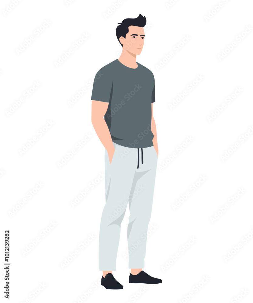 Vector illustration of a man. A gray t-shirt and white and gray sweatpants are a great option for a relaxed casual look. Vector illustration of a man. A gray t-shirt and white and gray sweatpants are a great option for a relaxed casual look.