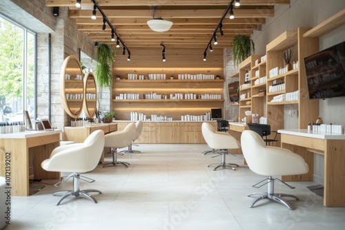 Interior of modern nail salon, empty manicure workplace with nail tech stations, copy space, Generative AI