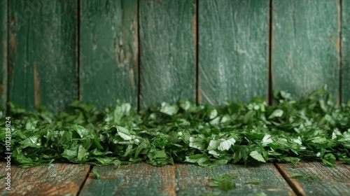 A pile of freshly chopped green herbs arranged on a rustic wooden surface; offering a vibrant and natural element perfect for culinary inspiration.