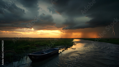 Tranquil Small River Meandering Through a Thunderstorm | Serene Natural Landscape with Dramatic Skies