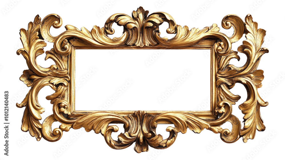 Antique ornate gilded frame isolated on white background, vintage rectangular gold photo frame with intricate carvings, classic decorative piece for artwork or photography display. Antique ornate gilded frame isolated on white background, vintage rectangular gold photo frame with intricate carvings, classic decorative piece for artwork or photography display.