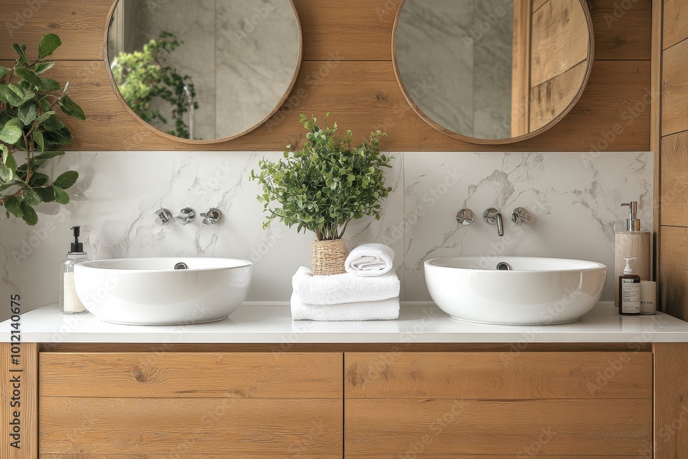 Elegant home bathroom interior with double sink and vanity with accessories, Generative AI Elegant home bathroom interior with double sink and vanity with accessories, Generative AI