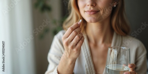 woman taking pill with glass of water