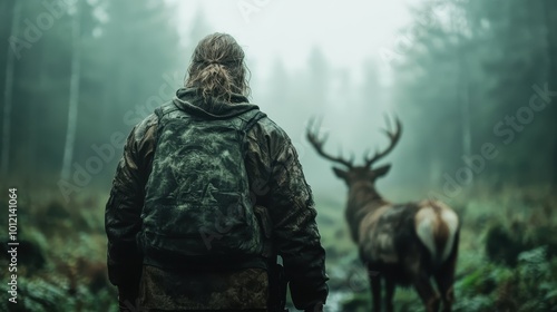 An explorer with a rugged backpack encounters a majestic elk in a mystical, mist-enshrouded forest scene, symbolizing a magical connection to the natural world. photo