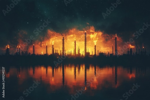 A silhouette of an industrial plant with smoke stacks spewing flames into the night sky, reflected in a still body of water.