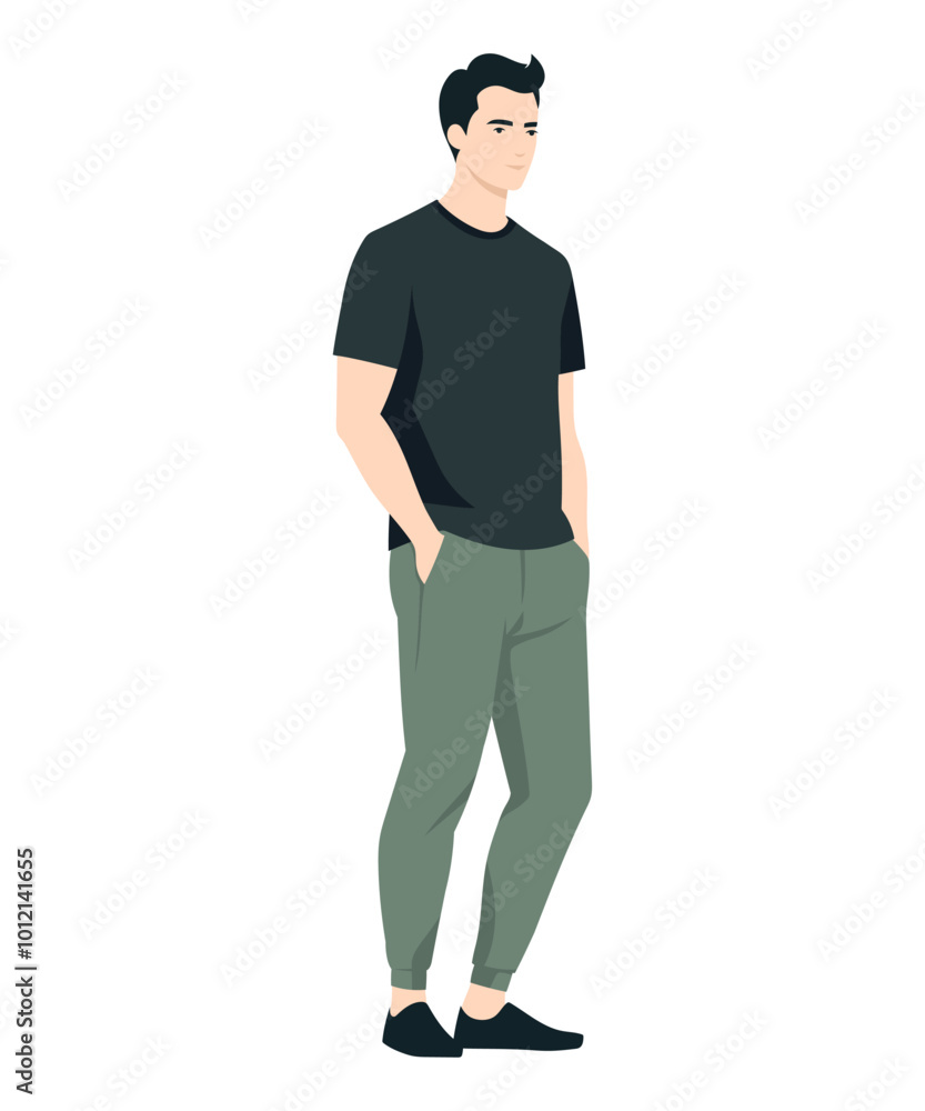 Vector illustration of a man. A simple casual look with a black t-shirt and light olive trousers for comfort. Vector illustration of a man. A simple casual look with a black t-shirt and light olive trousers for comfort.