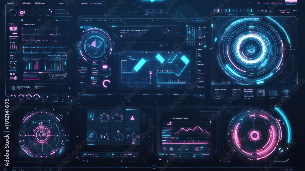 Futuristic dashboard interface displaying data visualizations and analytics. Futuristic dashboard interface displaying data visualizations and analytics.