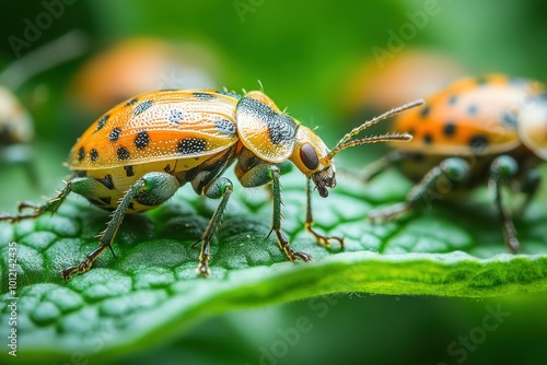 A close-up of a ladybug on a green leaf.