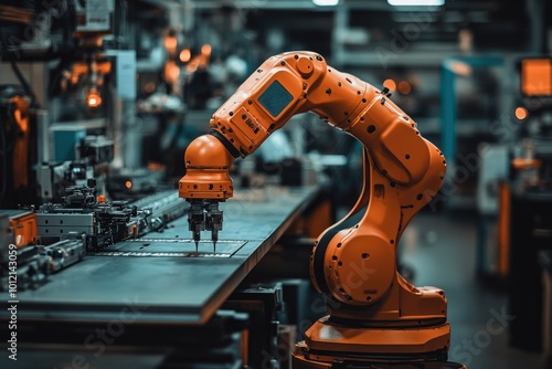 An orange robotic arm working on a metal sheet in a factory.