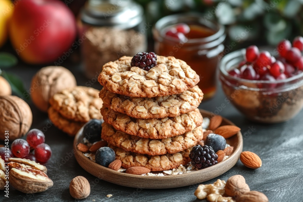 A stack of oatmeal cookies with berries, nuts and honey on a rustic table. A stack of oatmeal cookies with berries, nuts and honey on a rustic table.