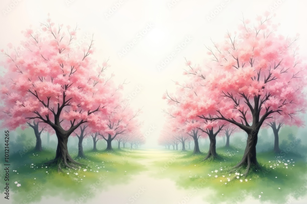 Dreamy cherry blossom trees lining path in spring with soft focus Dreamy cherry blossom trees lining path in spring with soft focus