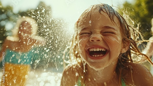 A joyful child laughing heartily as water splashes around, capturing the essence of a happy summer day. This lively image radiates pure happiness and fun. photo