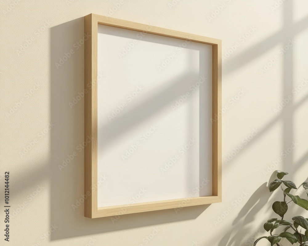 Mockup Square Wooden Frame with Minimalist Design on Beige Wall. 3D Render Mockup Square Wooden Frame with Minimalist Design on Beige Wall. 3D Render