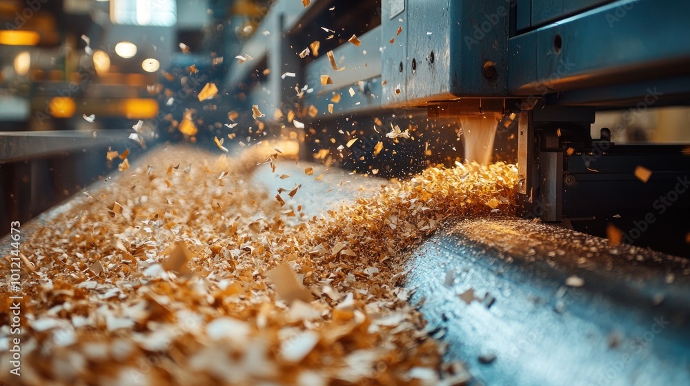 Wood chips flying off a spinning saw blade, close-up. Wood chips flying off a spinning saw blade, close-up.