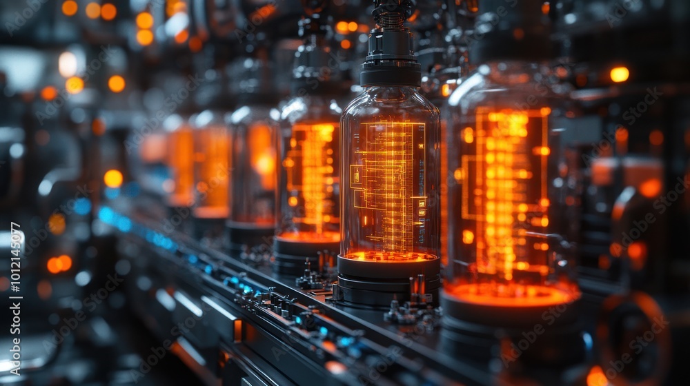 Closeup of glowing vacuum tubes on a futuristic machine. Closeup of glowing vacuum tubes on a futuristic machine.