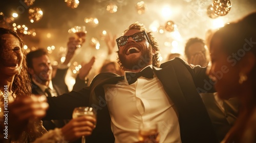 A jubilant man in a tuxedo enjoys a vibrant celebration surrounded by cheering friends, raising their glasses under sparkling decorations and golden lighting.