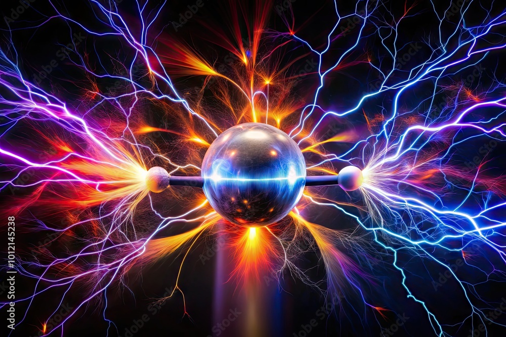 Obraz premium Electrostatic Discharge Concept with Sparks and Electrical Arcs on a Dark Background for Technology Use